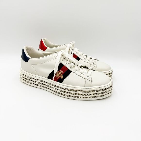 Gucci Ace Web Stripe Crystal Platform White Leather Bee Sneakers Size 37.5, 7.5 - Picture 2 of 15
